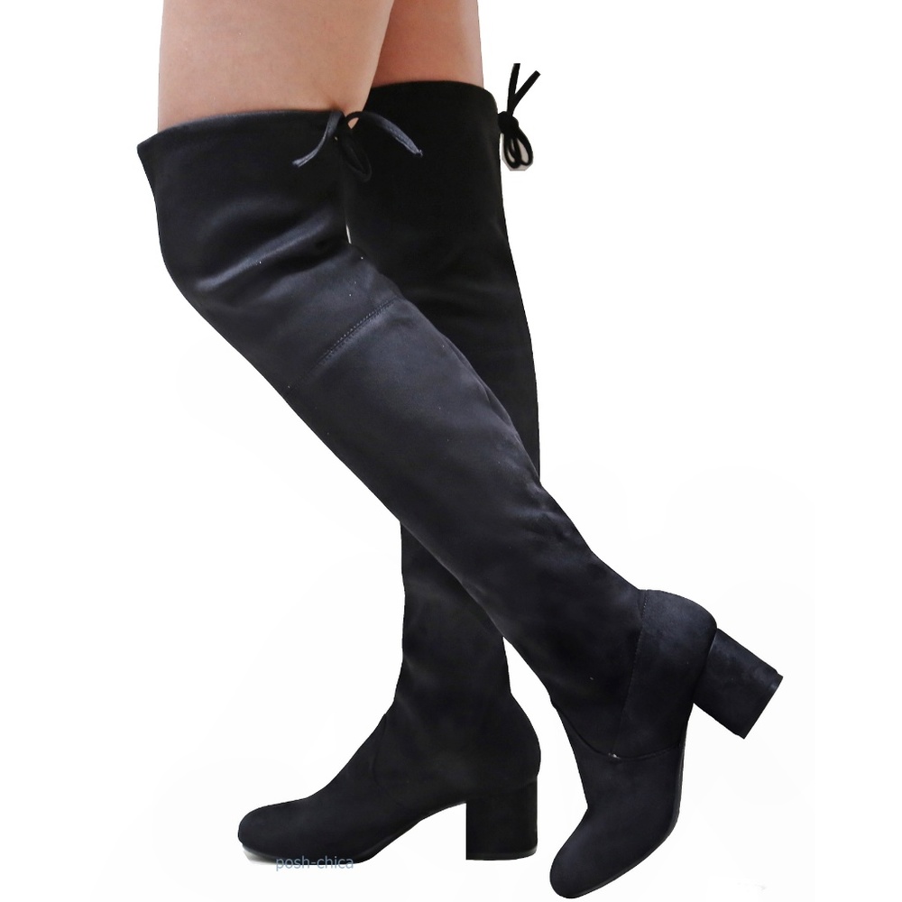 New Black Stretchy Over Knee Drawstring Boots - Picture 2 of 3